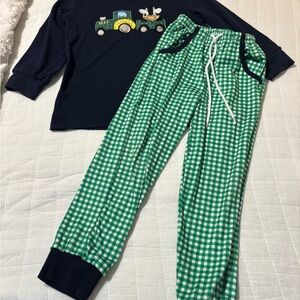 Kids Navy Tractor Top & Green Gingham Pants Set